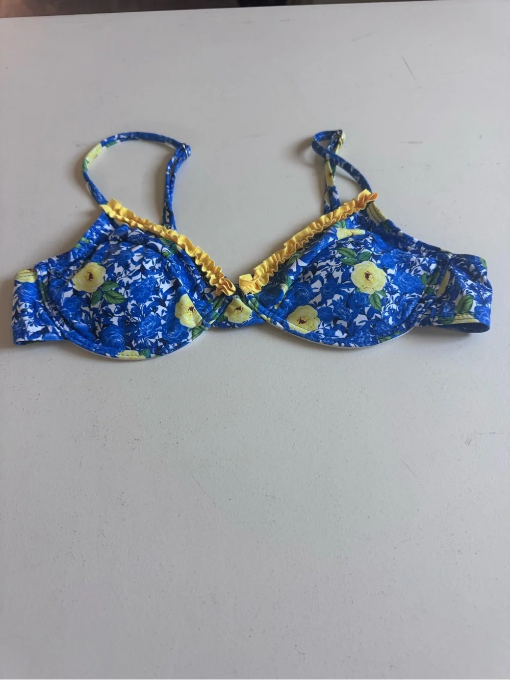 Blue Floral Two-Piece Bikini with Yellow Accents